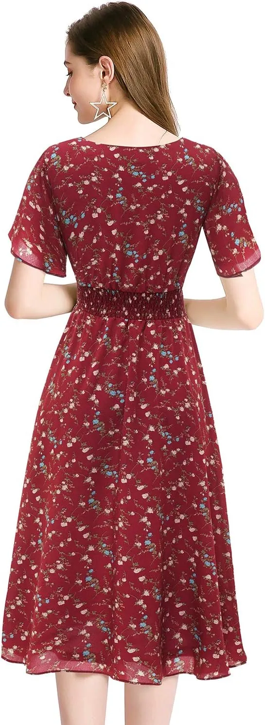 Gardenwed Chiffon Floral Dresses Summer Sun Beach Dresses for Women with Elastic Waist