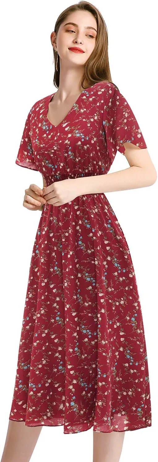Gardenwed Chiffon Floral Dresses Summer Sun Beach Dresses for Women with Elastic Waist
