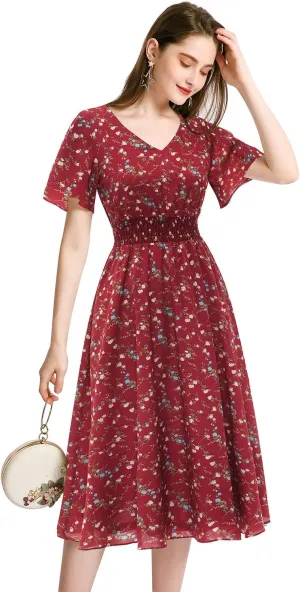 Gardenwed Chiffon Floral Dresses Summer Sun Beach Dresses for Women with Elastic Waist