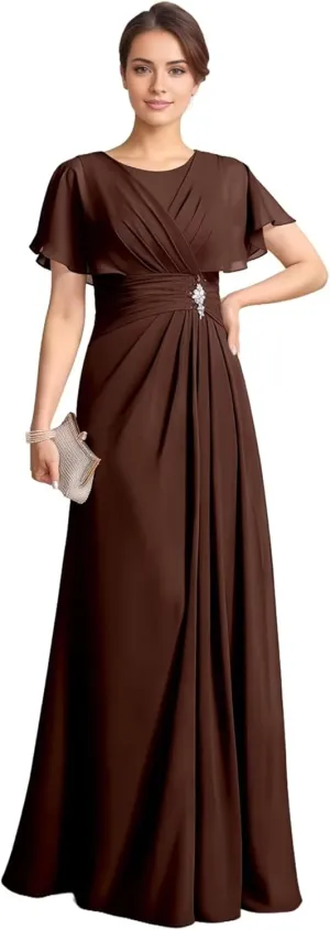 GATMAHE Ruffle Sleeves Mother of The Bride Dresses Round Neck Flowy Chiffon A Line Long Bridesmaid Dress