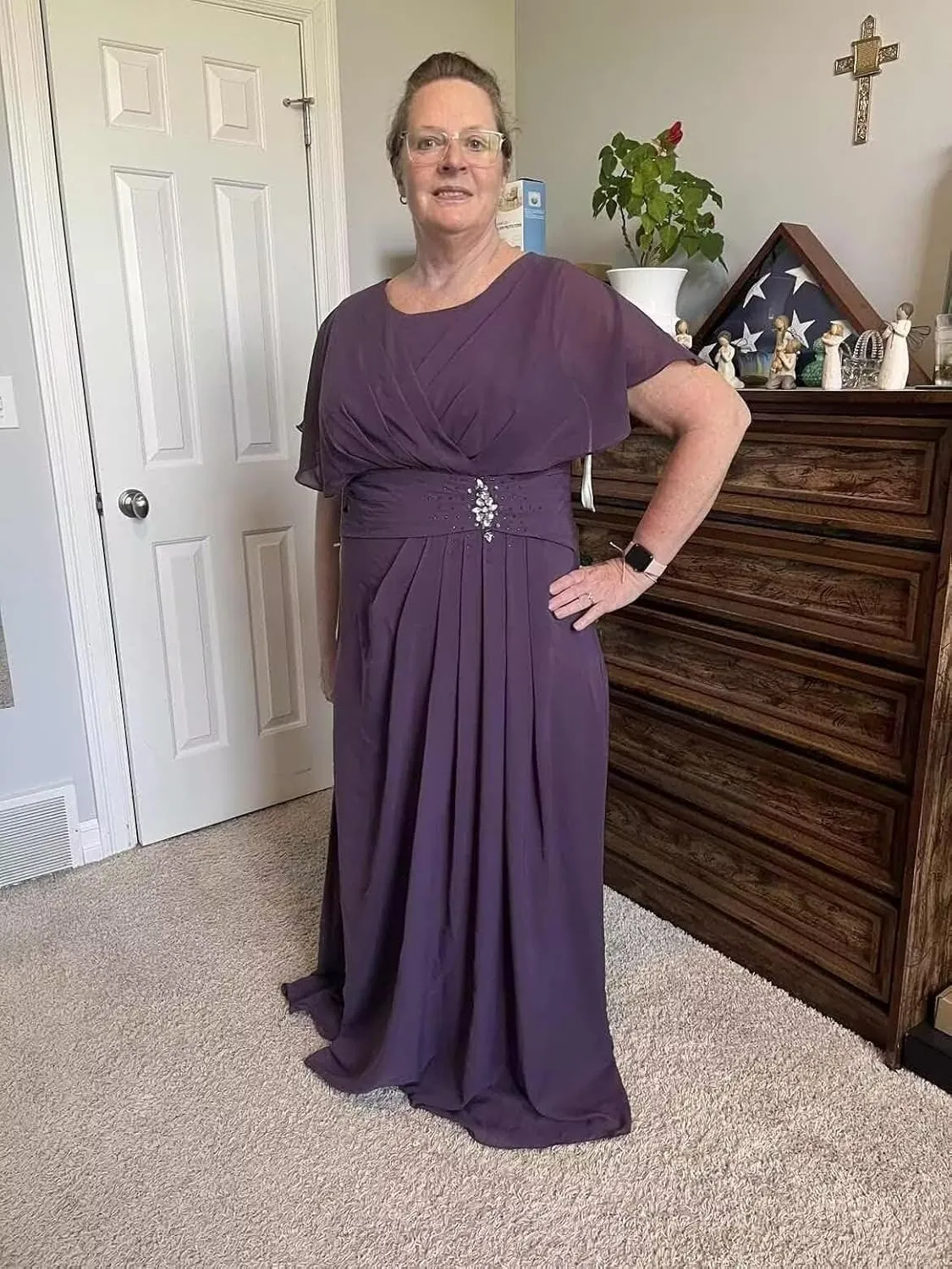 GATMAHE Ruffle Sleeves Mother of The Bride Dresses Round Neck Flowy Chiffon A Line Long Bridesmaid Dress