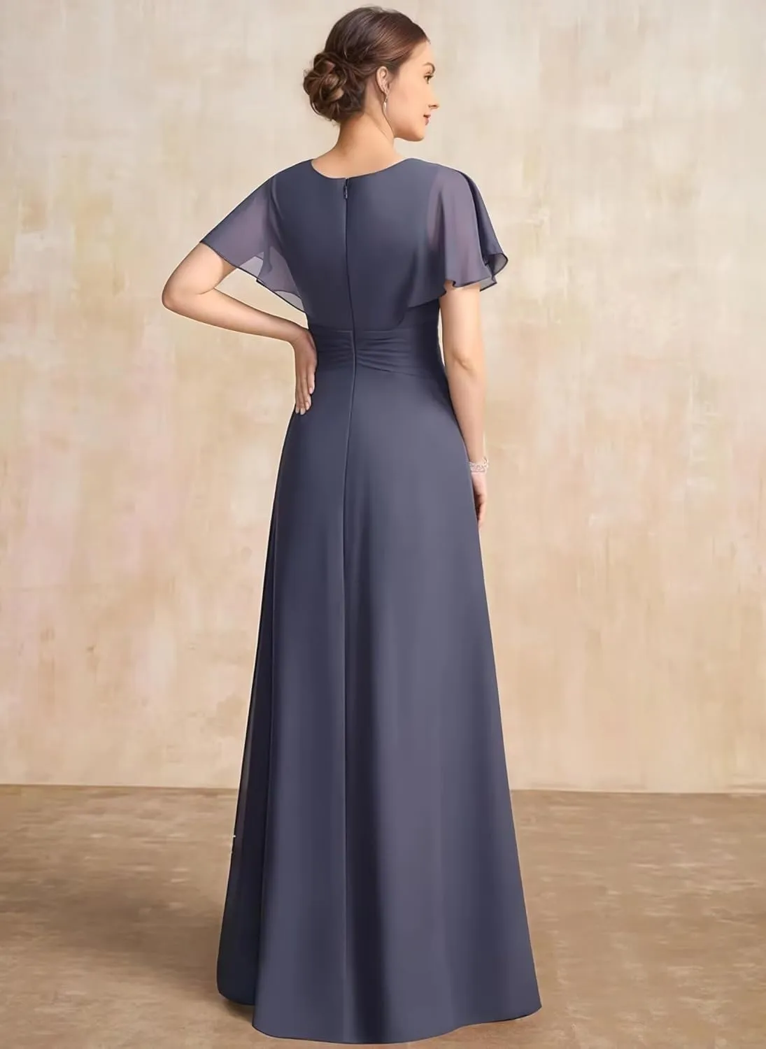GATMAHE Ruffle Sleeves Mother of The Bride Dresses Round Neck Flowy Chiffon A Line Long Bridesmaid Dress