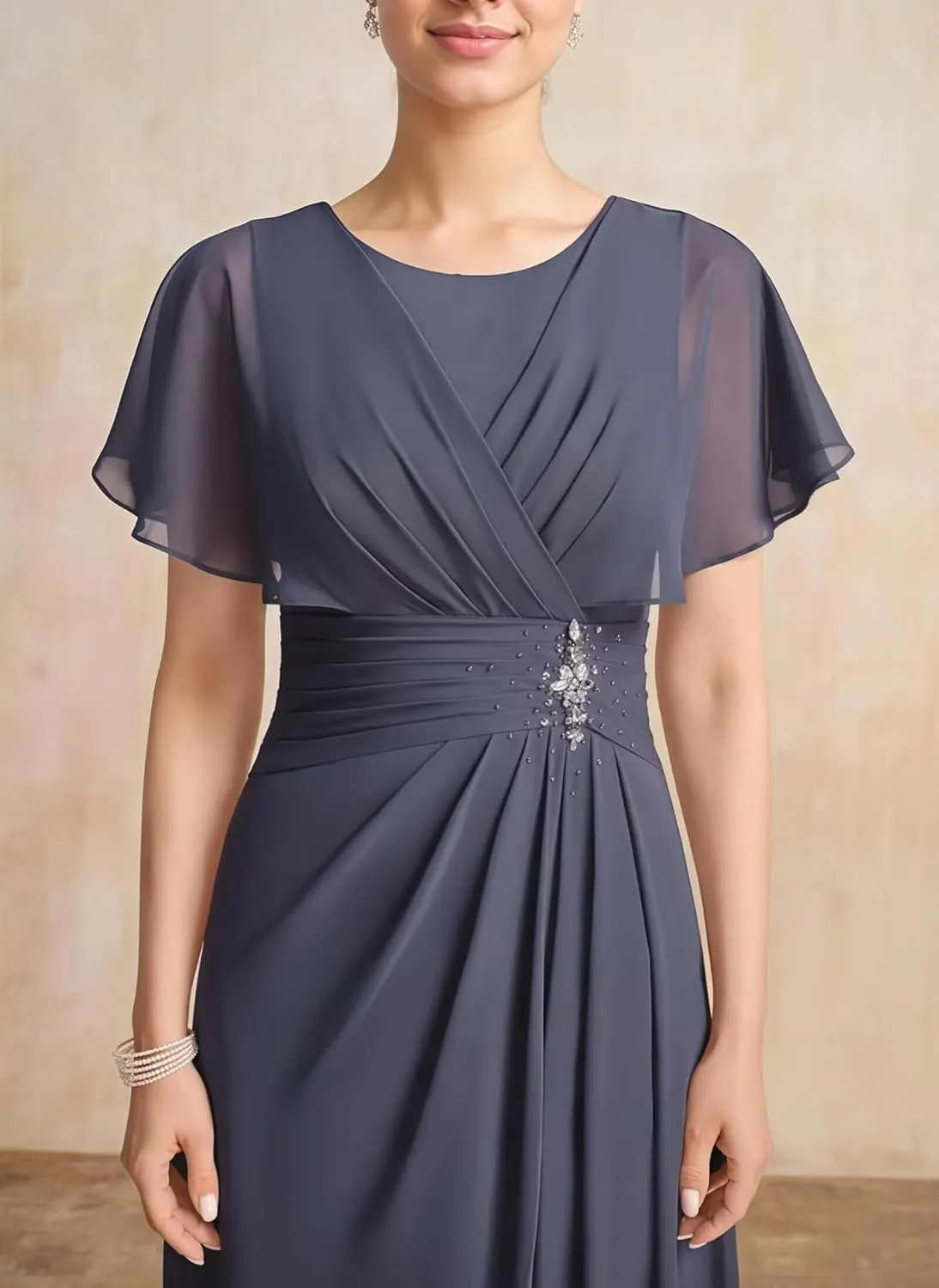 GATMAHE Ruffle Sleeves Mother of The Bride Dresses Round Neck Flowy Chiffon A Line Long Bridesmaid Dress