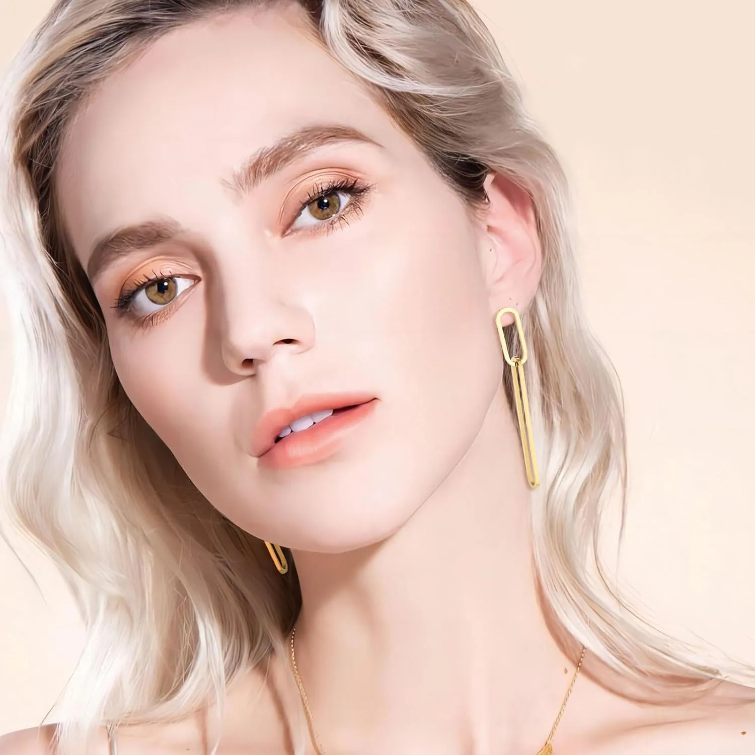 Geometric Gold Silver Long Dangle Earrings Dangling Women Rectangle Chain Link Drop Dangly Wedding Guest Earring Simple Formal Jewelry