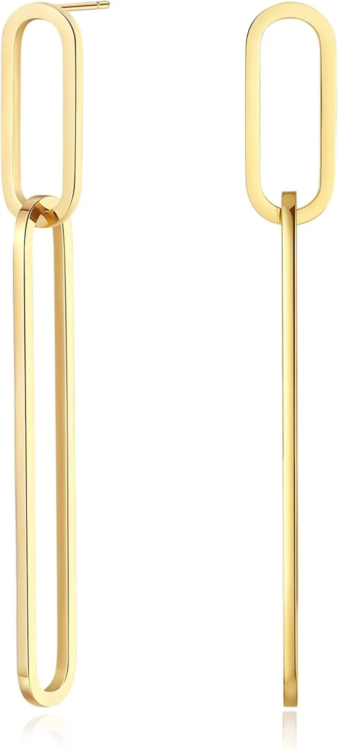 Geometric Gold Silver Long Dangle Earrings Dangling Women Rectangle Chain Link Drop Dangly Wedding Guest Earring Simple Formal Jewelry