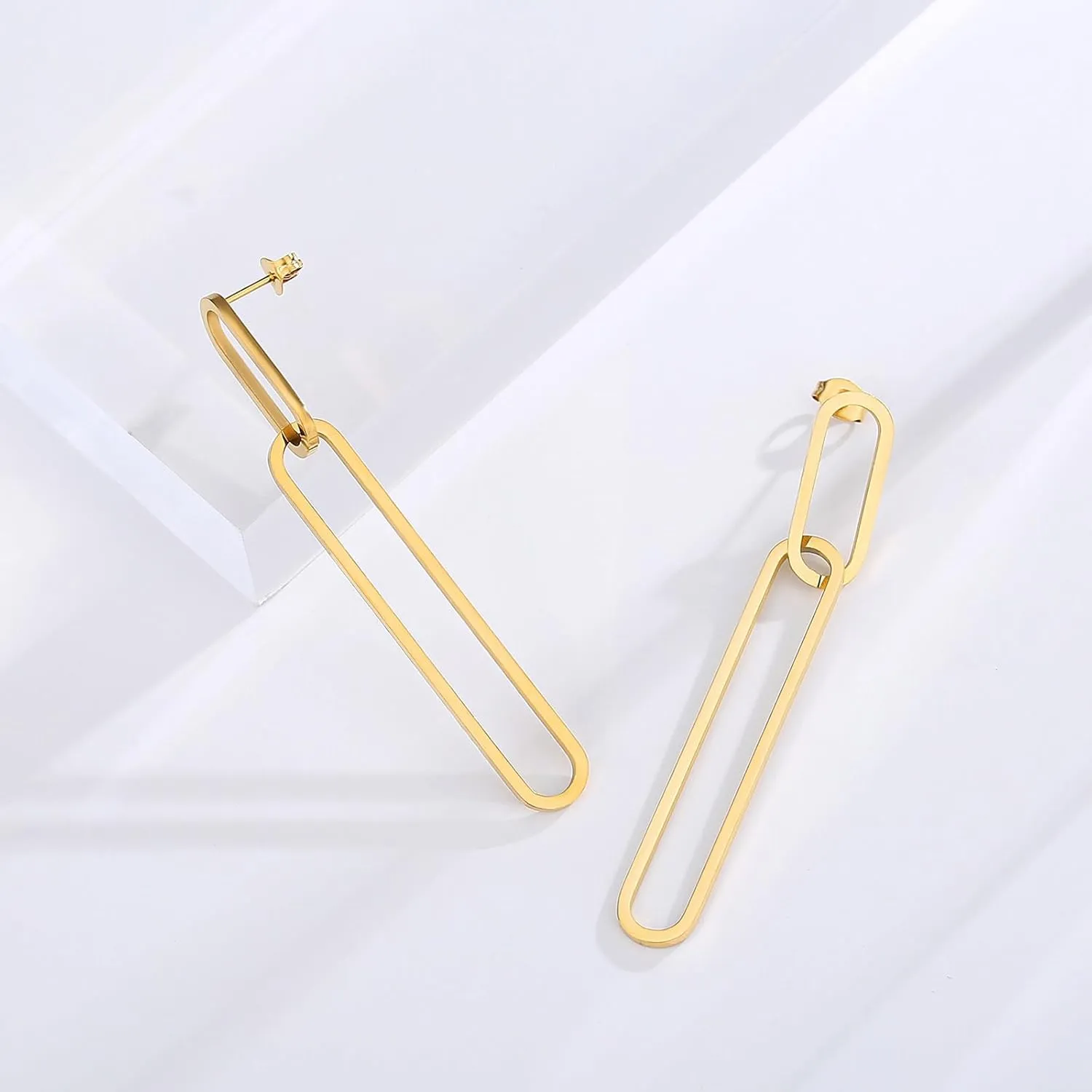 Geometric Gold Silver Long Dangle Earrings Dangling Women Rectangle Chain Link Drop Dangly Wedding Guest Earring Simple Formal Jewelry