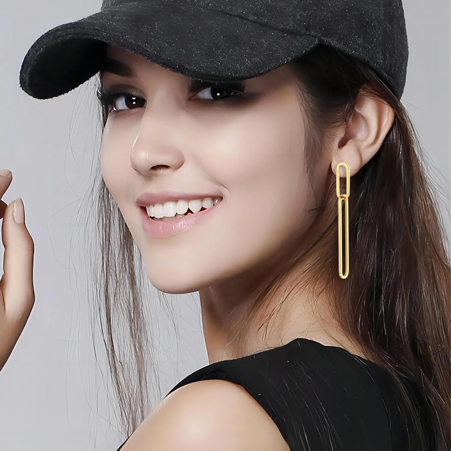 Geometric Gold Silver Long Dangle Earrings Dangling Women Rectangle Chain Link Drop Dangly Wedding Guest Earring Simple Formal Jewelry