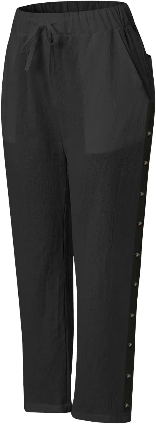 GOKKILRW Linen Drawstring Pants Women Straight Leg Elastic Waist Beach Casual Crop Trousers Summer Travel Capris with Pockets