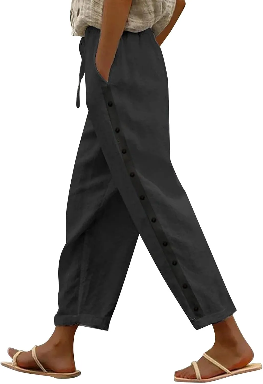 GOKKILRW Linen Drawstring Pants Women Straight Leg Elastic Waist Beach Casual Crop Trousers Summer Travel Capris with Pockets