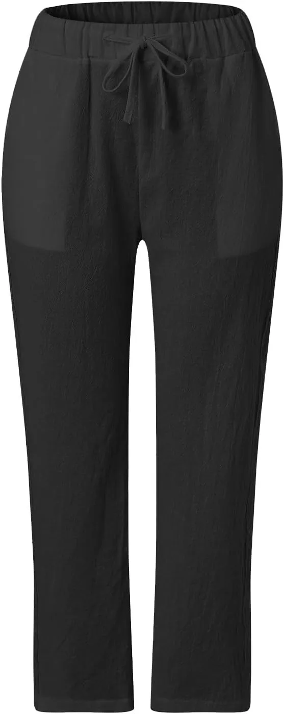 GOKKILRW Linen Drawstring Pants Women Straight Leg Elastic Waist Beach Casual Crop Trousers Summer Travel Capris with Pockets