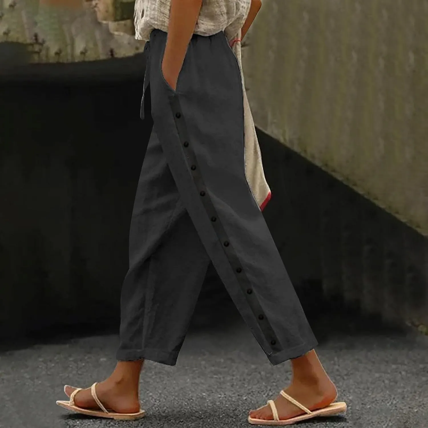 GOKKILRW Linen Drawstring Pants Women Straight Leg Elastic Waist Beach Casual Crop Trousers Summer Travel Capris with Pockets