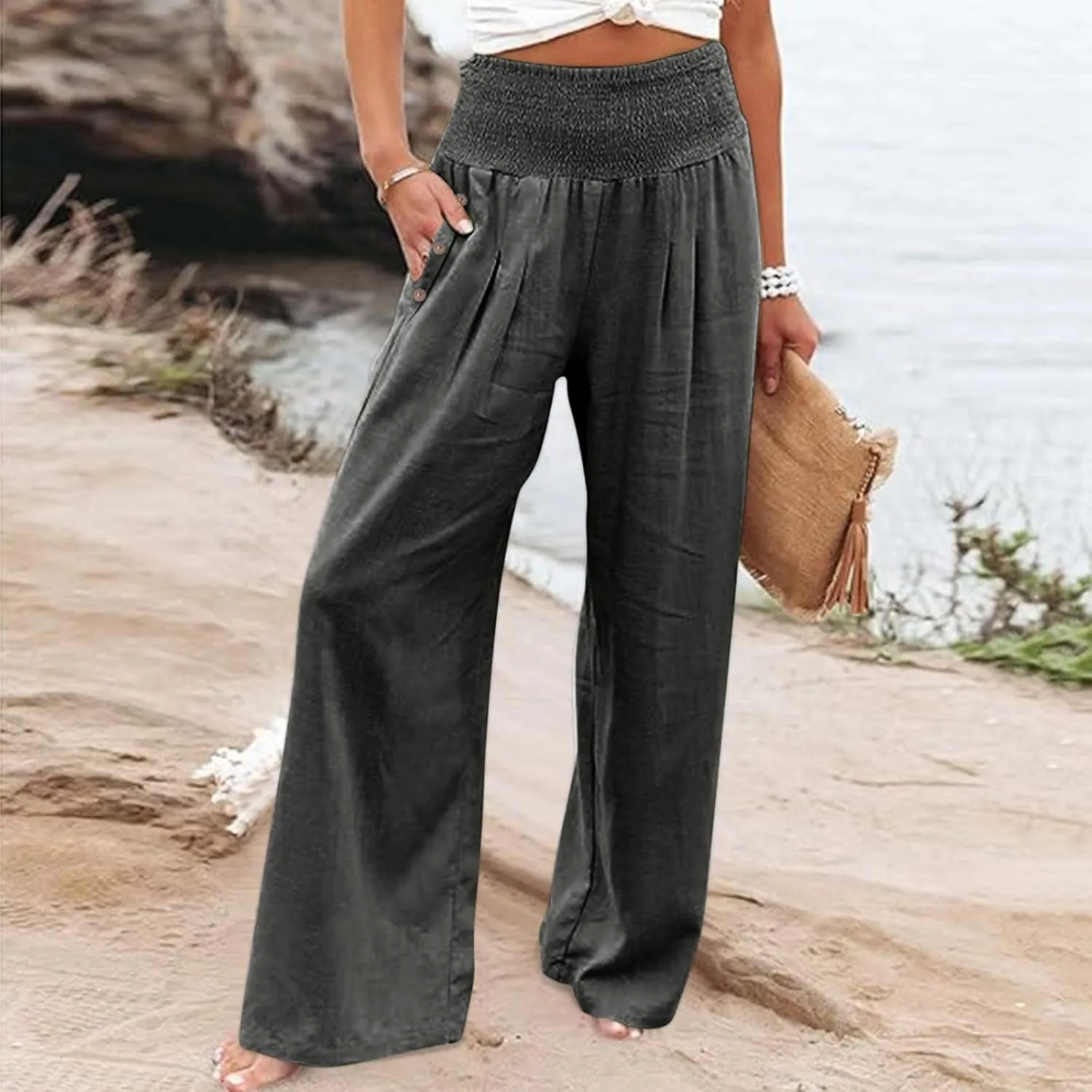 GOKKILRW Women Linen Palazzo Pants Summer Boho Wide Leg Slacks High Waist Flowy Casual Beachwear 2025 Travel Vacation Trouser