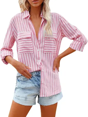 GOKKILRW Womens Button Down Casual Shirts Cotton Linen 2024 Trendy Striped Dressy Blouses Long Sleeve Loose Fit Tops Pockets