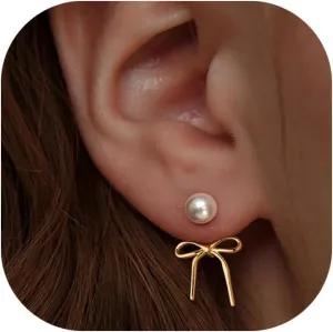 Gold Bow Earrings for Women Pearl Bow Hoop Earring for Women Trendy Lightweight Ribbon Earrings,Cute Heart Bowknot Jewelry for Multiple Piercing