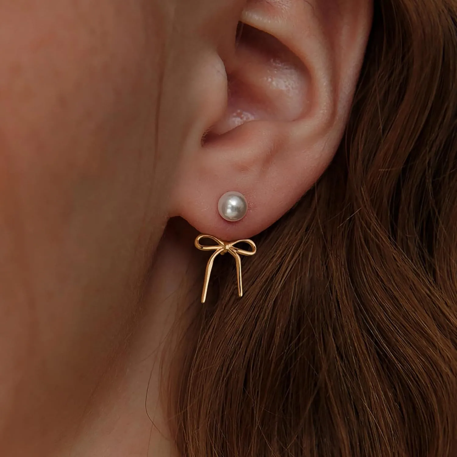 Gold Bow Earrings for Women Pearl Bow Hoop Earring for Women Trendy Lightweight Ribbon Earrings,Cute Heart Bowknot Jewelry for Multiple Piercing