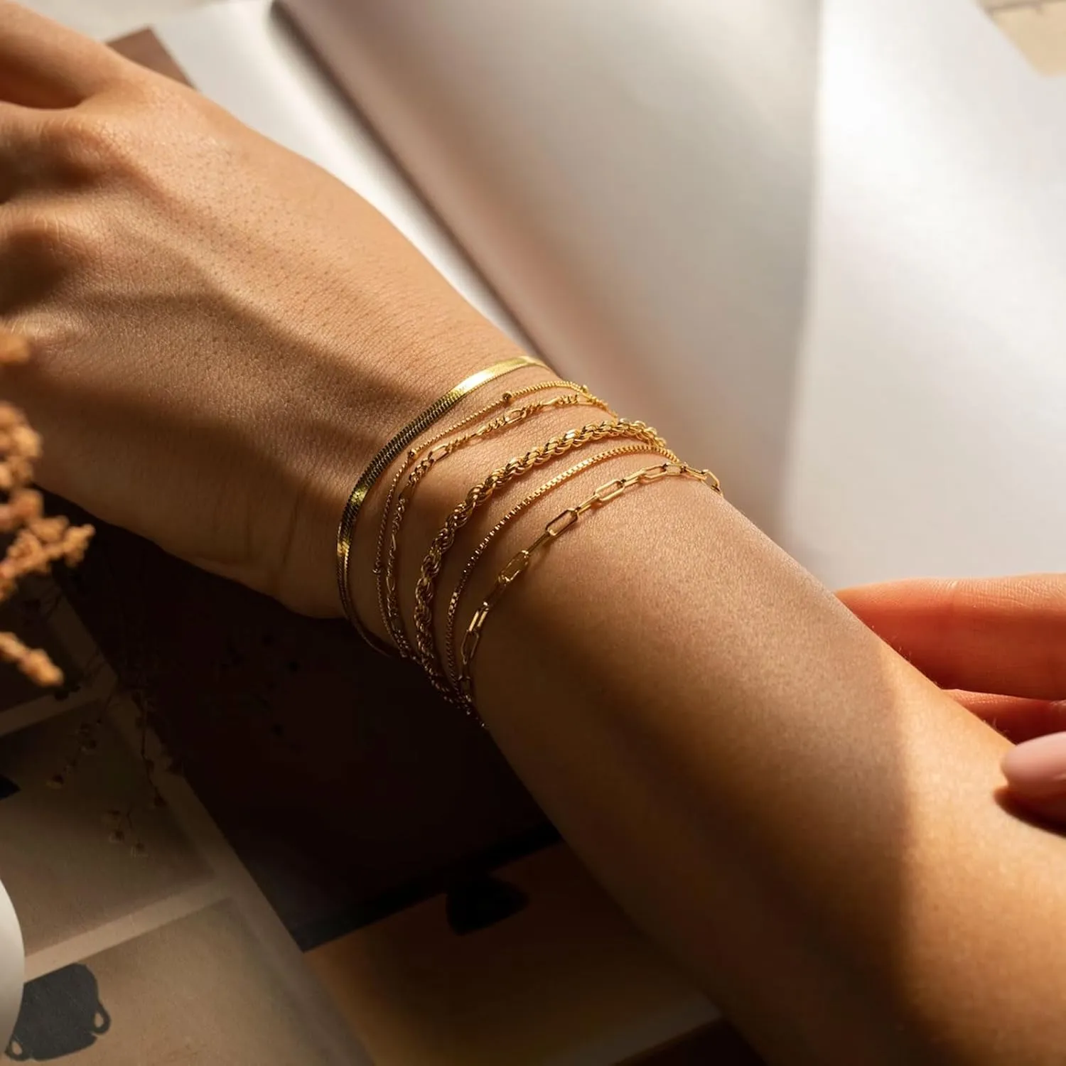 Gold Bracelets for Women Gold Chain Bracelet Sets for Women 14K Gold Plated Dainty Link Paperclip Bracelets Cuba Stackable