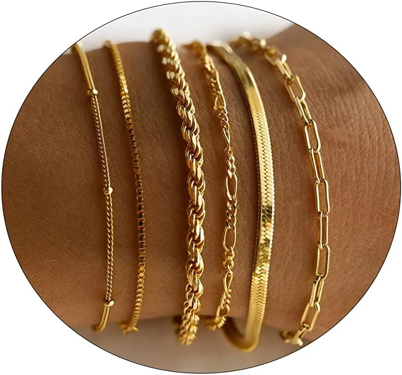Gold Bracelets for Women Gold Chain Bracelet Sets for Women 14K Gold Plated Dainty Link Paperclip Bracelets Cuba Stackable
