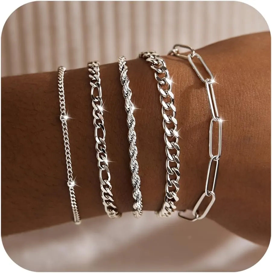 Gold Bracelets for Women,Dainty Bracelets Set for Women Trendy, Gold Bracelets Stack With Beaded, Cuban, Paperclip, Heart, Snake, Rope, Pearl, Cross, Hand Chain, Silver Jewelry Gifts for Women Christmas
