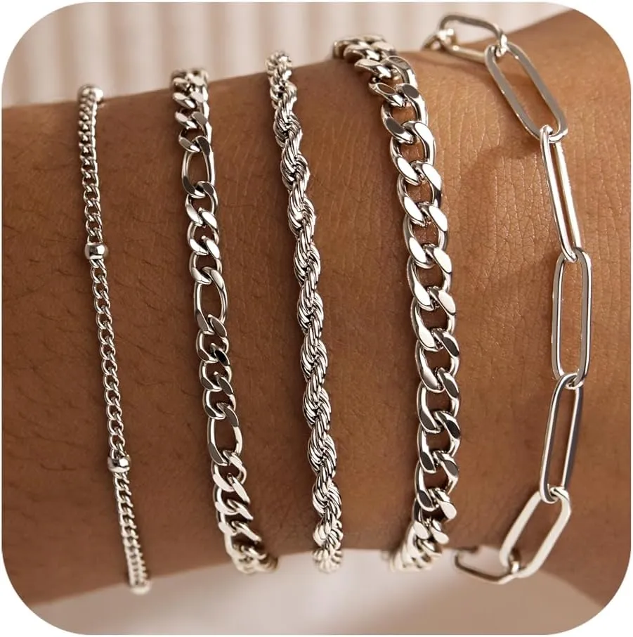 Gold Bracelets for Women,Dainty Bracelets Set for Women Trendy, Gold Bracelets Stack With Beaded, Cuban, Paperclip, Heart, Snake, Rope, Pearl, Cross, Hand Chain, Silver Jewelry Gifts for Women Christmas