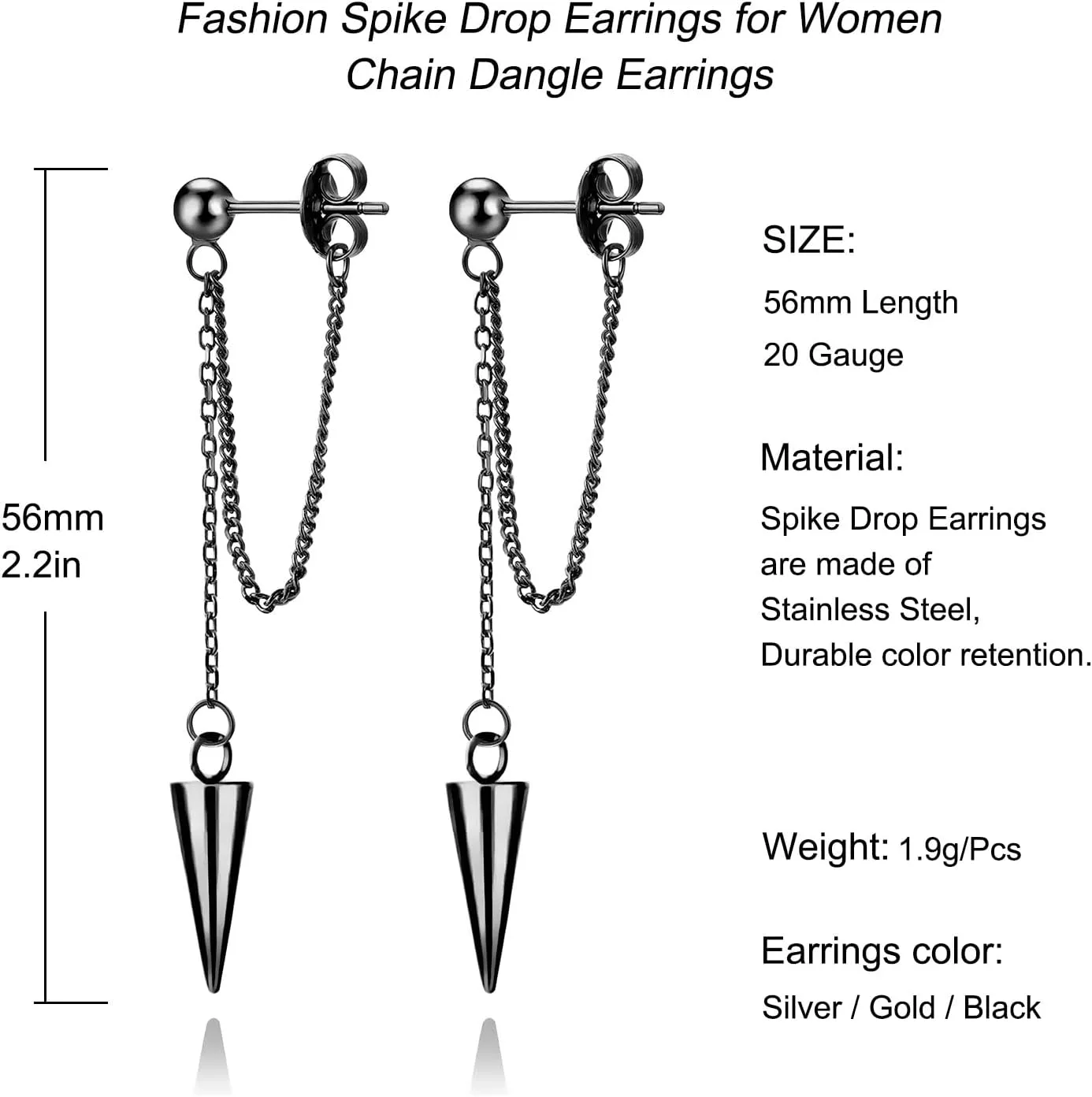 Gold Chain Earrings for Women Irregular Bar Spike Drop Dangle Earrings Long Threader Earring Dangly Tassel Earrings Stainless Steel Black Spike Steampunk Gothic Punk Earrings Jewelry