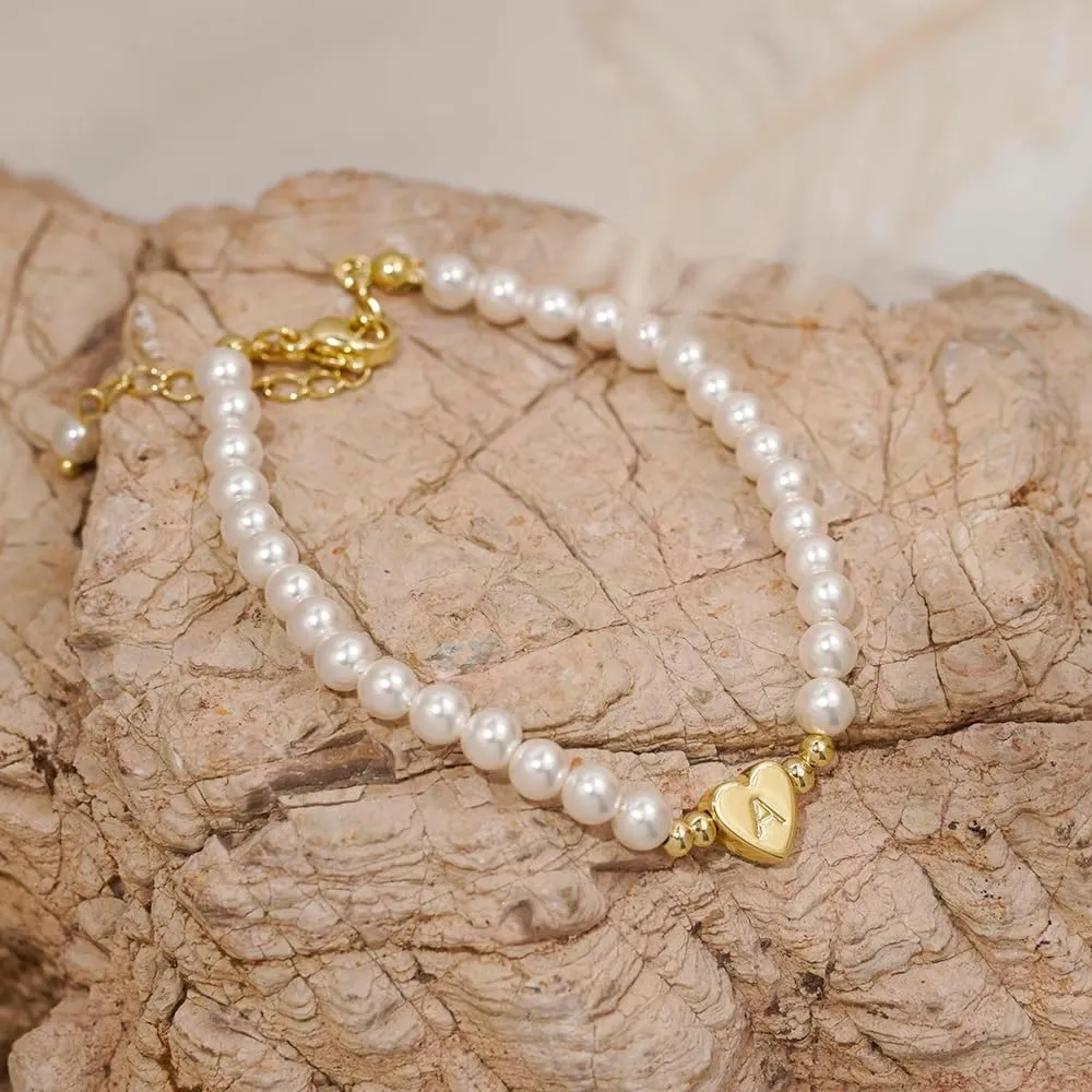 Gold Pearl Bracelets for Women, 14K Gold Plated Initial Bracelets for Women Heart Charm Bracelets Dainty Pearl Bracelets Jewelry for Women Trendy