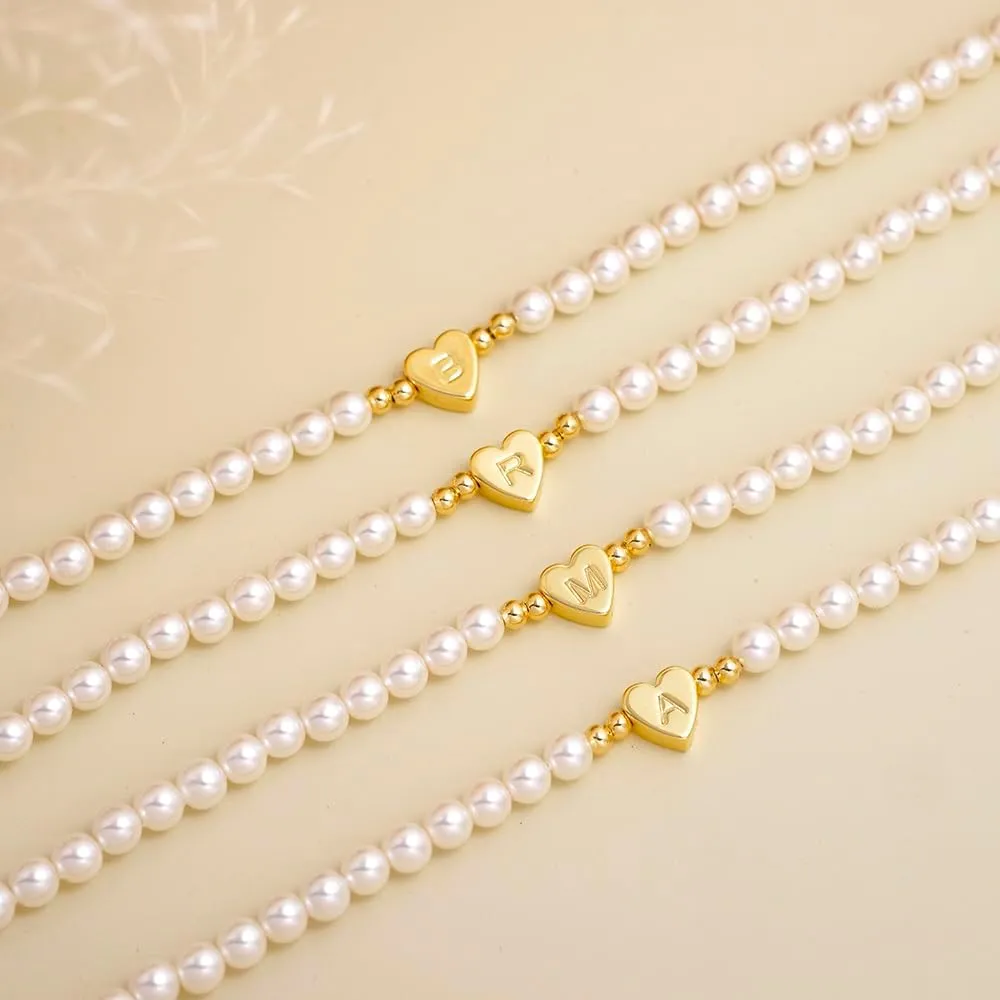 Gold Pearl Bracelets for Women, 14K Gold Plated Initial Bracelets for Women Heart Charm Bracelets Dainty Pearl Bracelets Jewelry for Women Trendy
