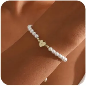 Gold Pearl Bracelets for Women, 14K Gold Plated Initial Bracelets for Women Heart Charm Bracelets Dainty Pearl Bracelets Jewelry for Women Trendy