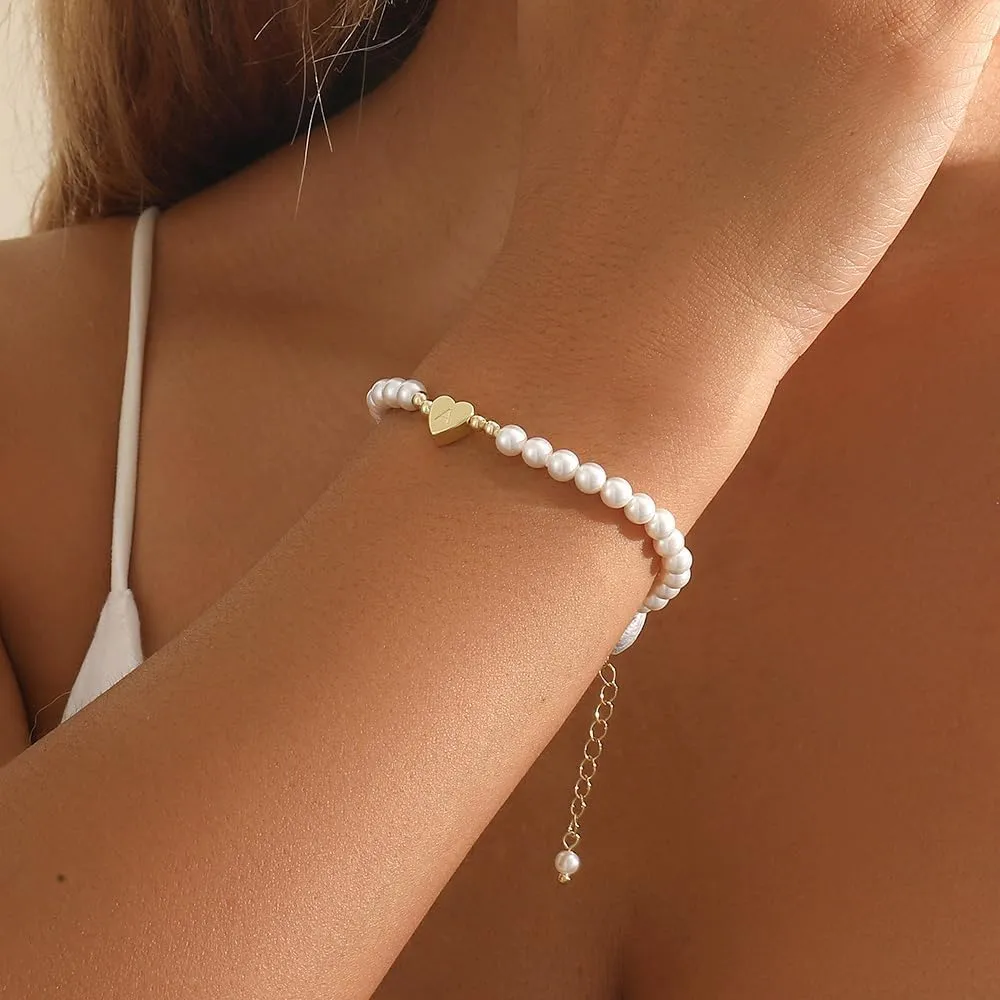 Gold Pearl Bracelets for Women, 14K Gold Plated Initial Bracelets for Women Heart Charm Bracelets Dainty Pearl Bracelets Jewelry for Women Trendy