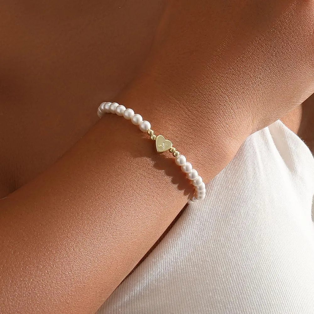 Gold Pearl Bracelets for Women, 14K Gold Plated Initial Bracelets for Women Heart Charm Bracelets Dainty Pearl Bracelets Jewelry for Women Trendy