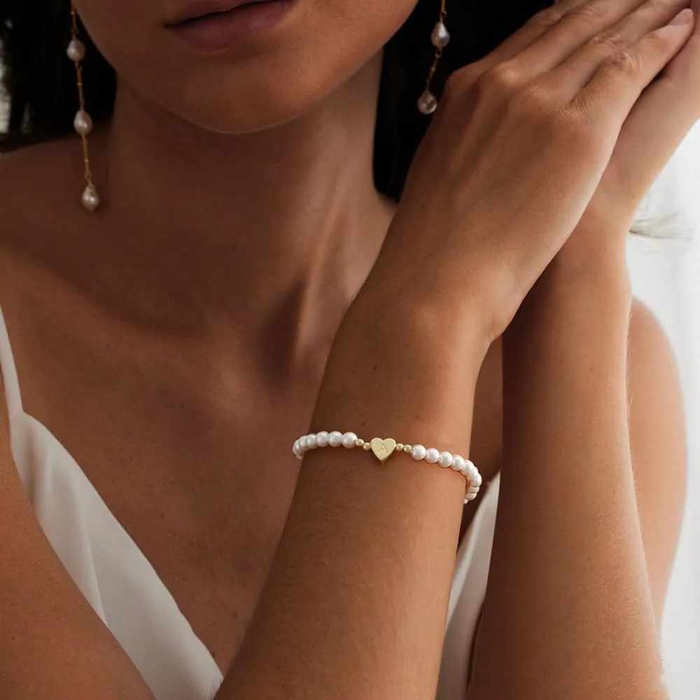 Gold Pearl Bracelets for Women, 14K Gold Plated Initial Bracelets for Women Heart Charm Bracelets Dainty Pearl Bracelets Jewelry for Women Trendy