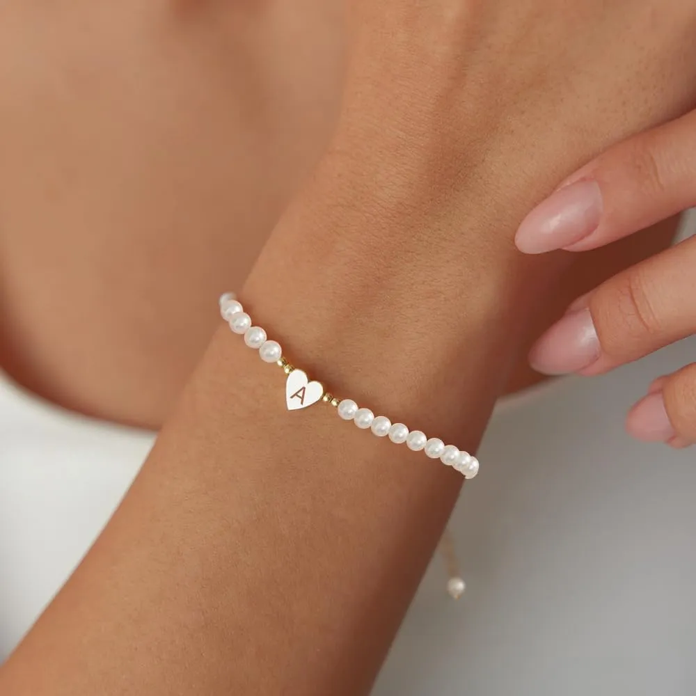 Gold Pearl Bracelets for Women, 14K Gold Plated Initial Bracelets for Women Heart Charm Bracelets Dainty Pearl Bracelets Jewelry for Women Trendy