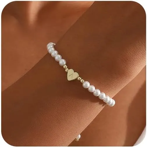 Gold Pearl Bracelets for Women, 14K Gold Plated Initial Bracelets for Women Heart Charm Bracelets Dainty Pearl Bracelets Jewelry for Women Trendy