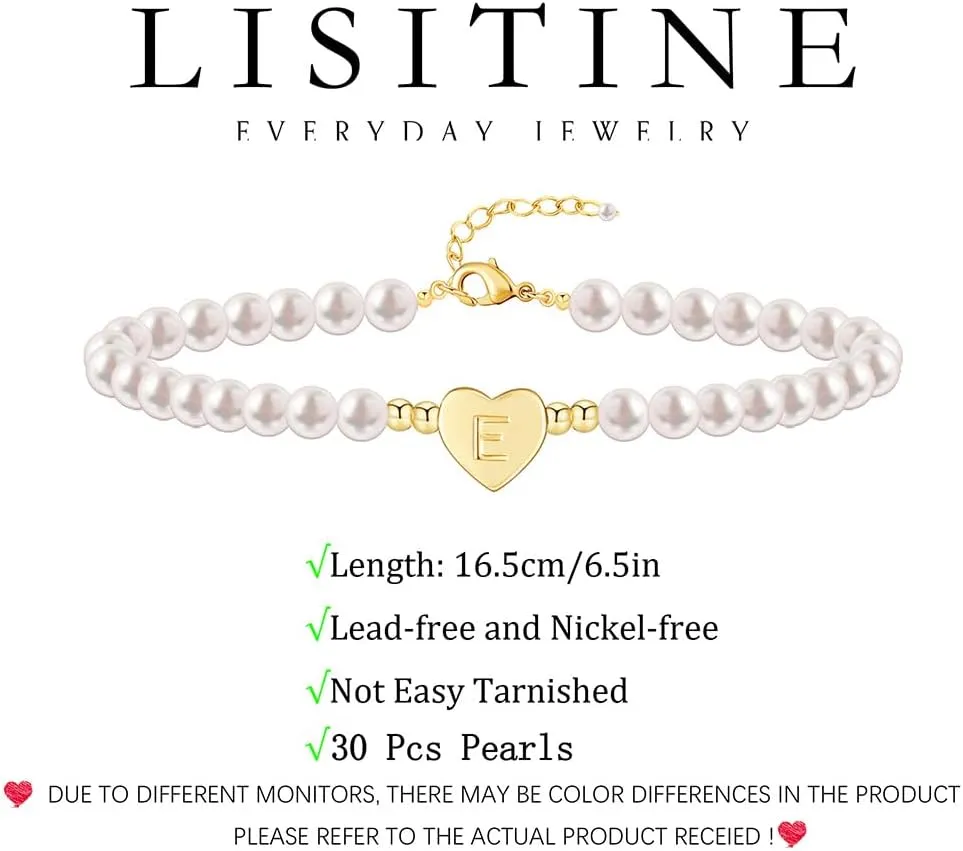 Gold Pearl Bracelets for Women, 14K Gold Plated Initial Bracelets for Women Heart Charm Bracelets Dainty Pearl Bracelets Jewelry for Women Trendy