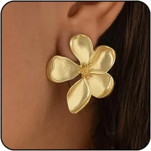 Gold Statement Earrings for Women Chunky Gold Flower Earrings for Women Ginkgo Leaf Earrings Exaggerated Floral Big Shell Earrings Boho Metal Sectored Earrings Birthday Jewelry