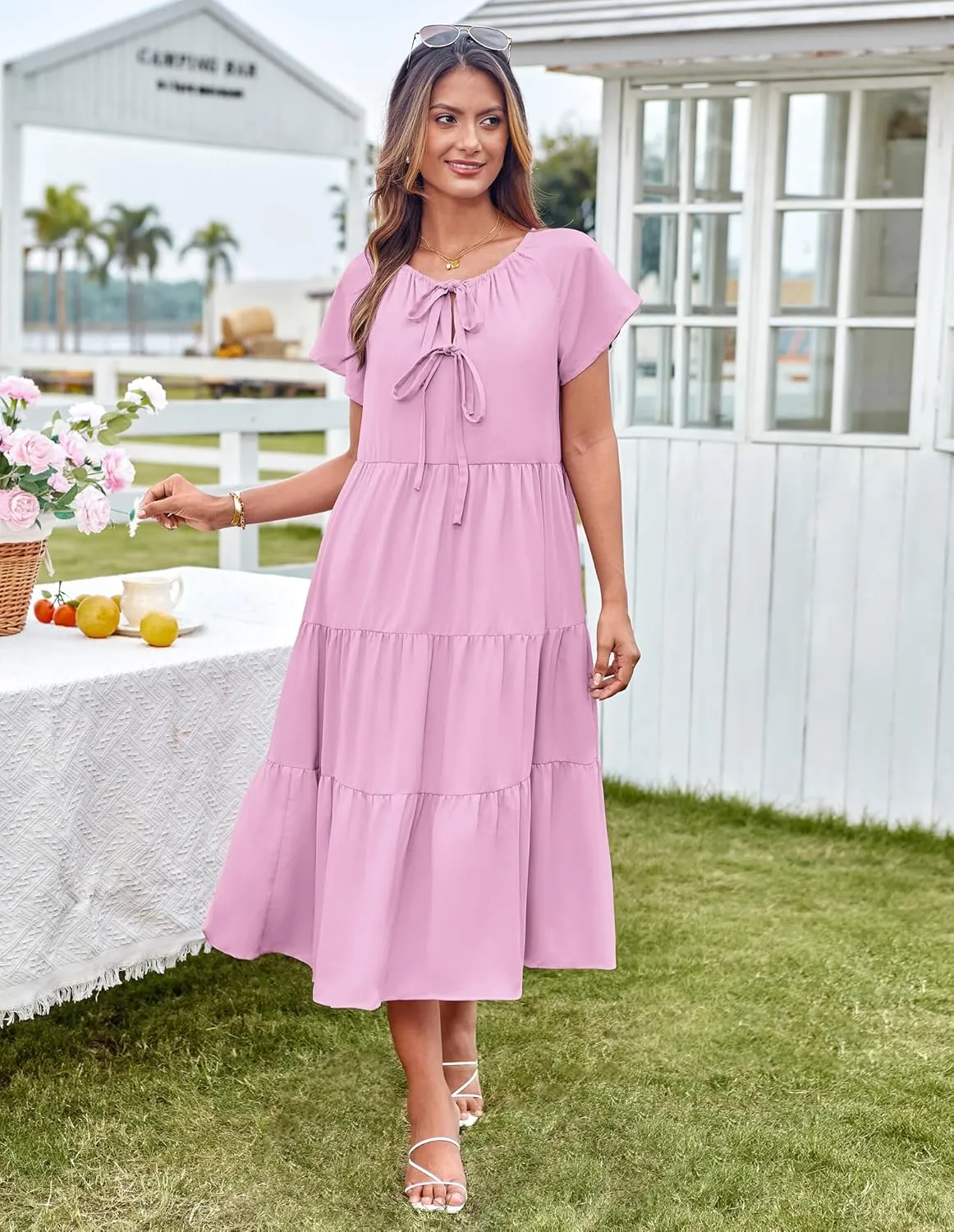 GRACE KARIN Womens Summer Dresses 2025 Casual Tie Front Midi Maternity Dress Short Sleeve Loose Flowy Pleated Beach Sundress