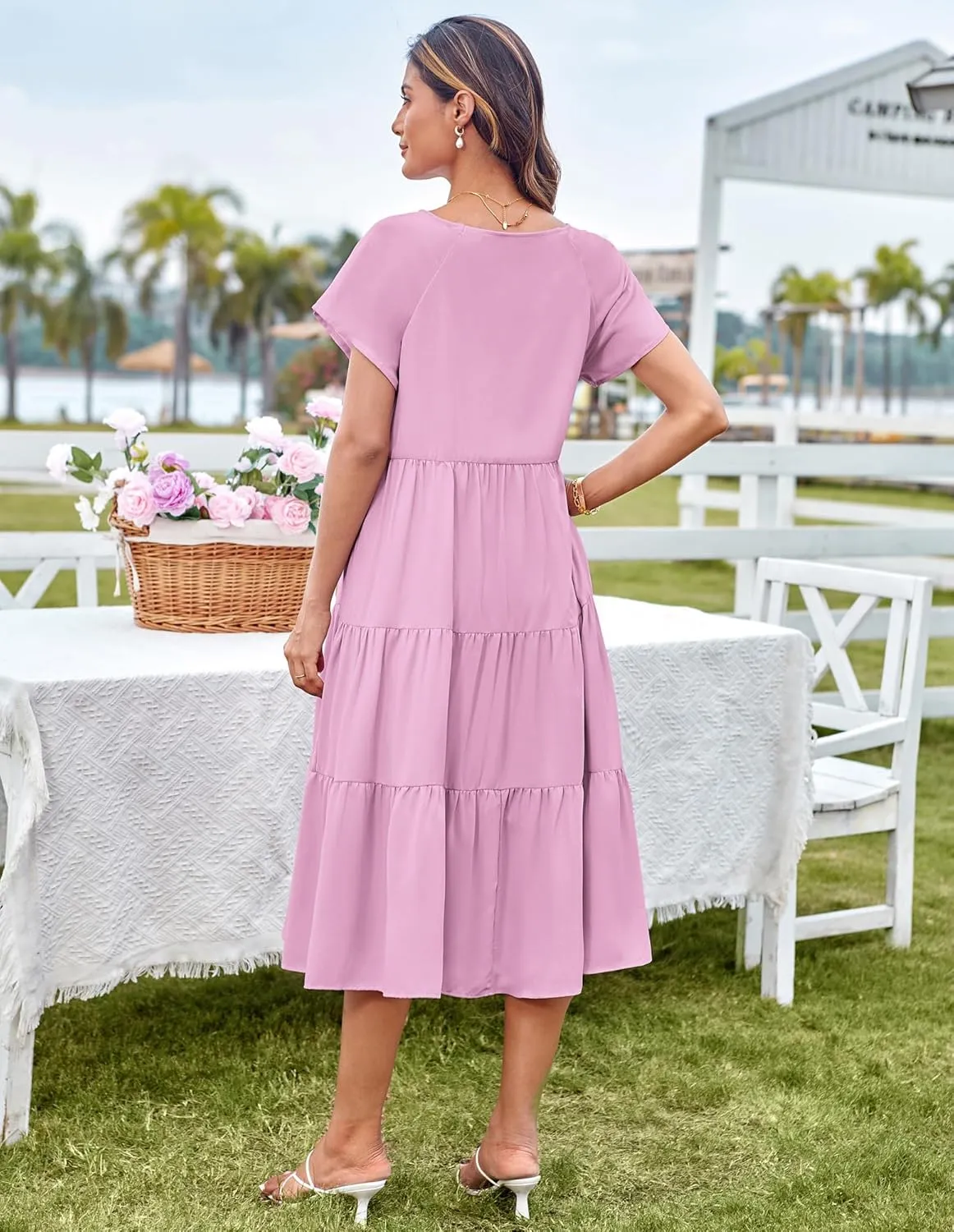 GRACE KARIN Womens Summer Dresses 2025 Casual Tie Front Midi Maternity Dress Short Sleeve Loose Flowy Pleated Beach Sundress