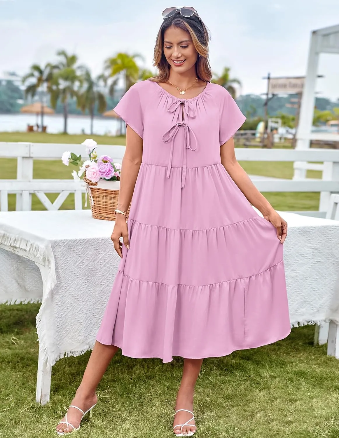 GRACE KARIN Womens Summer Dresses 2025 Casual Tie Front Midi Maternity Dress Short Sleeve Loose Flowy Pleated Beach Sundress