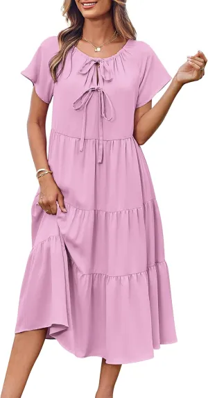 GRACE KARIN Womens Summer Dresses 2025 Casual Tie Front Midi Maternity Dress Short Sleeve Loose Flowy Pleated Beach Sundress