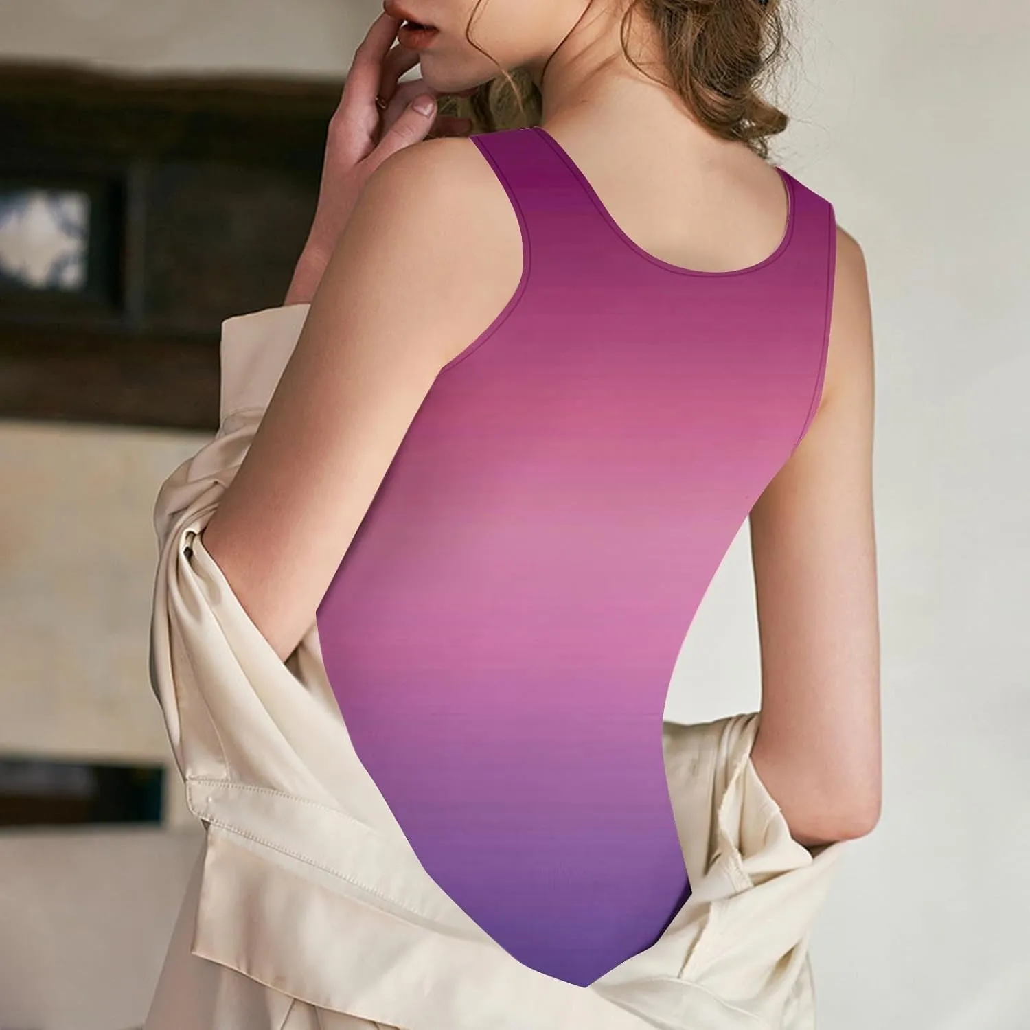 Gradient Tank Tops for Women Built in Bra Ombre Sleeveless Athletic Workout Camisole Tops Comfy Stretchy Daily Yoga Top