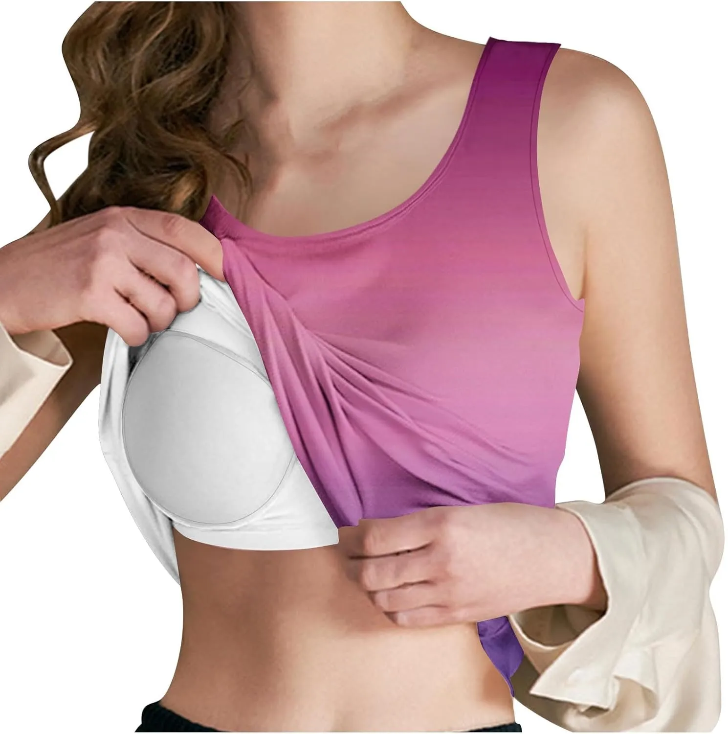 Gradient Tank Tops for Women Built in Bra Ombre Sleeveless Athletic Workout Camisole Tops Comfy Stretchy Daily Yoga Top