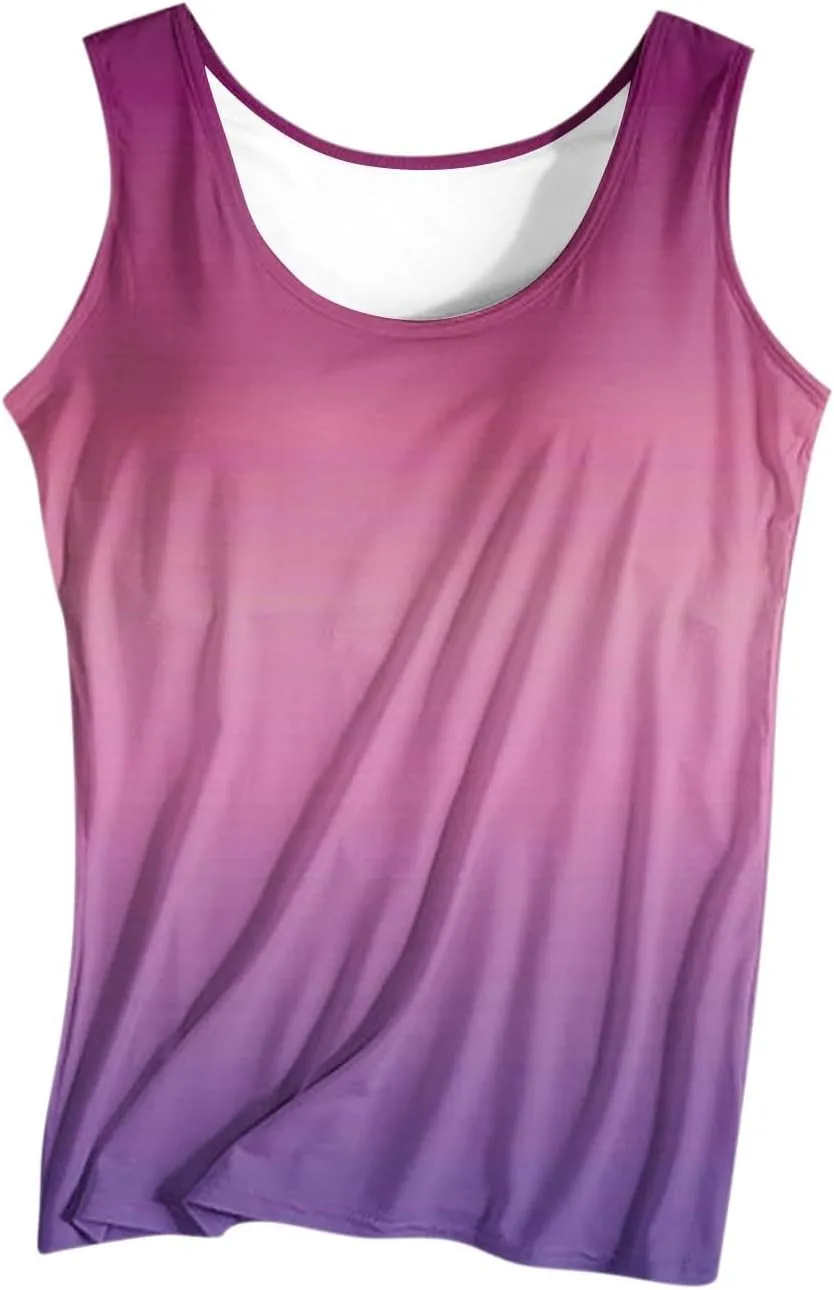 Gradient Tank Tops for Women Built in Bra Ombre Sleeveless Athletic Workout Camisole Tops Comfy Stretchy Daily Yoga Top