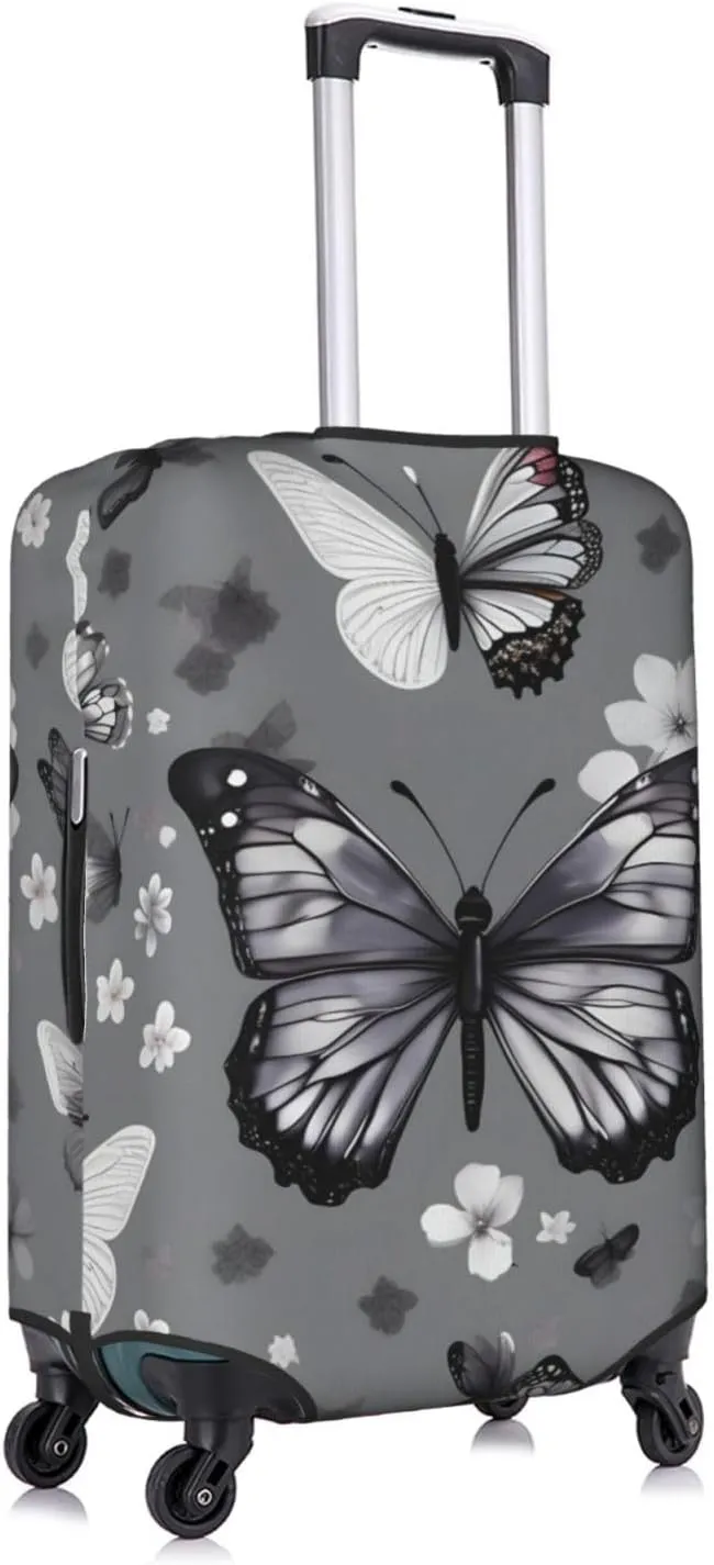 Gray Teal Butterfly Print Practical Elastic Washable Travel Luggage Cover with Concealed Zipper for Suitcases