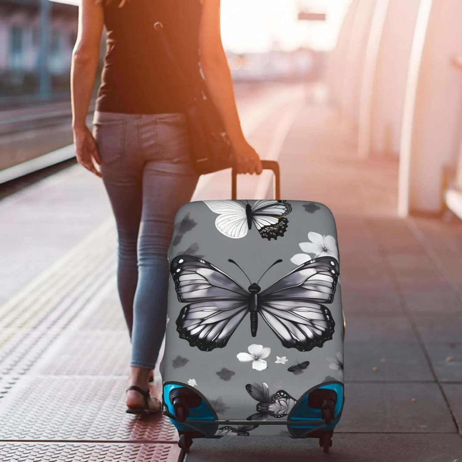 Gray Teal Butterfly Print Practical Elastic Washable Travel Luggage Cover with Concealed Zipper for Suitcases