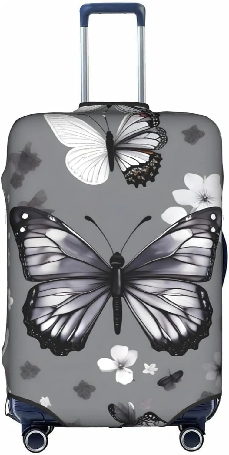 Gray Teal Butterfly Print Practical Elastic Washable Travel Luggage Cover with Concealed Zipper for Suitcases