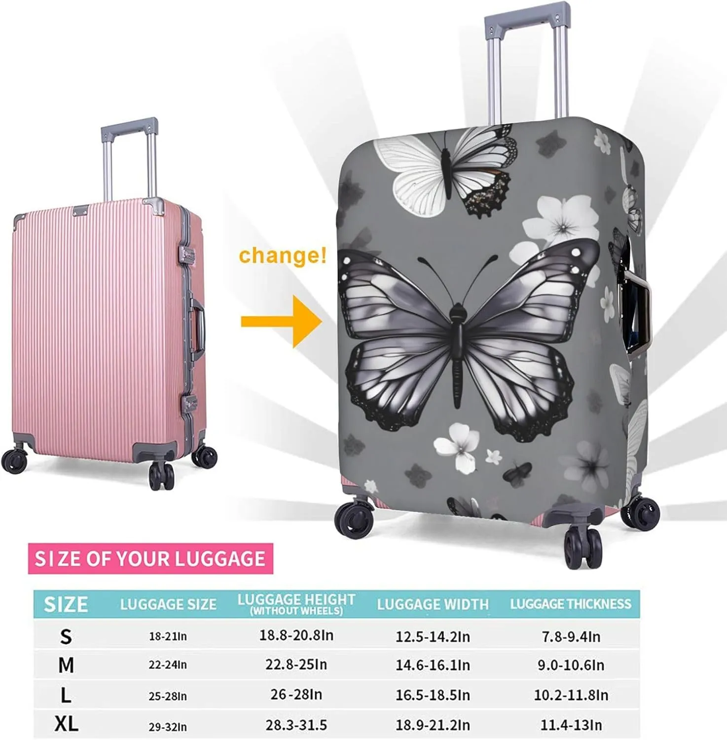 Gray Teal Butterfly Print Practical Elastic Washable Travel Luggage Cover with Concealed Zipper for Suitcases