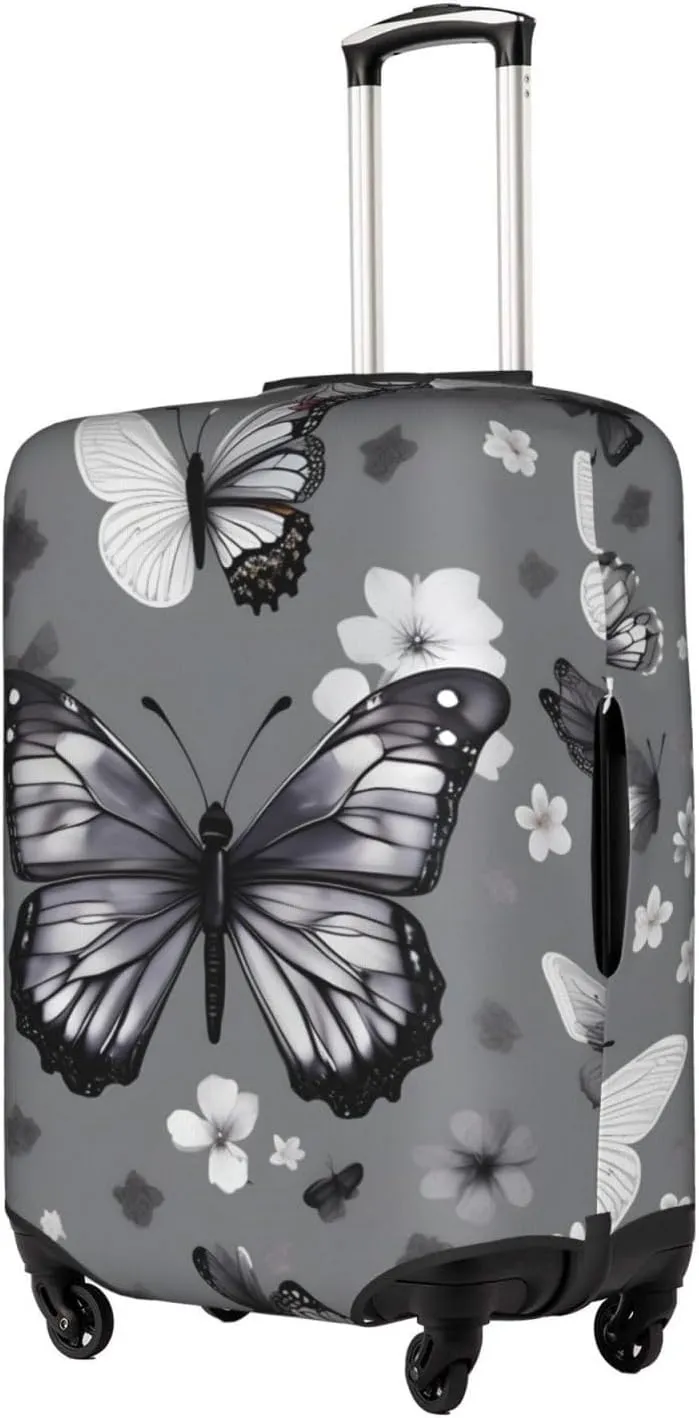 Gray Teal Butterfly Print Practical Elastic Washable Travel Luggage Cover with Concealed Zipper for Suitcases