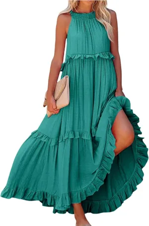Halter Maxi Tiered Dresses for Women Summer Flowy Swing Ruffle Smocked Dress Plus Size Sundress Frocks with Pockets