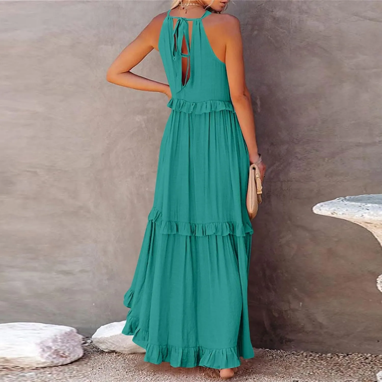 Halter Maxi Tiered Dresses for Women Summer Flowy Swing Ruffle Smocked Dress Plus Size Sundress Frocks with Pockets
