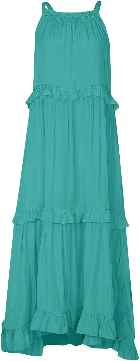 Halter Maxi Tiered Dresses for Women Summer Flowy Swing Ruffle Smocked Dress Plus Size Sundress Frocks with Pockets