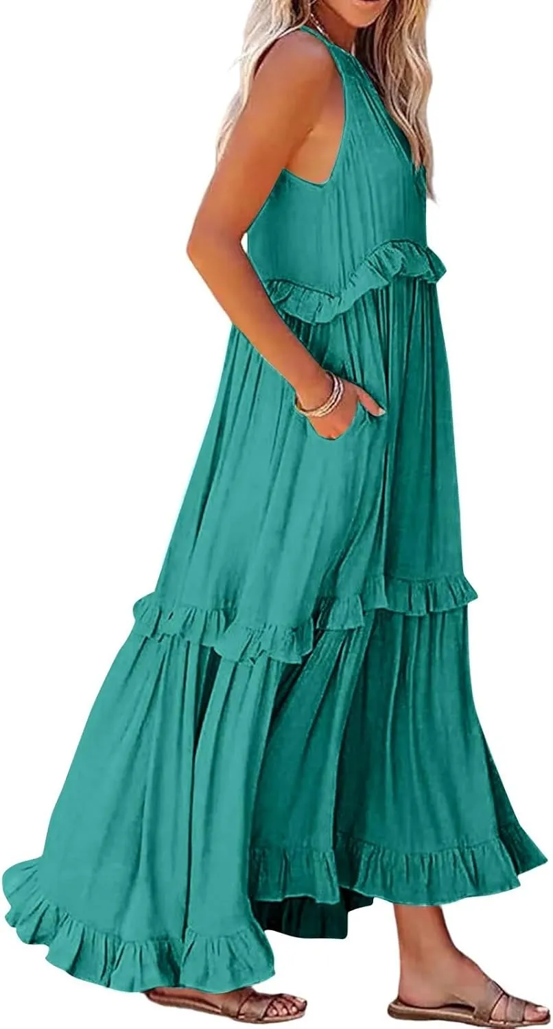 Halter Maxi Tiered Dresses for Women Summer Flowy Swing Ruffle Smocked Dress Plus Size Sundress Frocks with Pockets